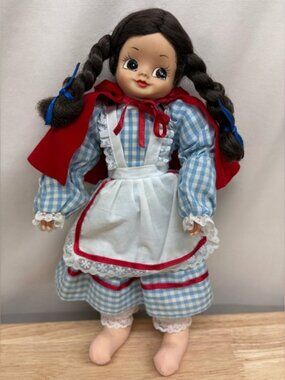 BRINN’S Vintage 1987 Doll with Red Cape and Blue Gingham Dress